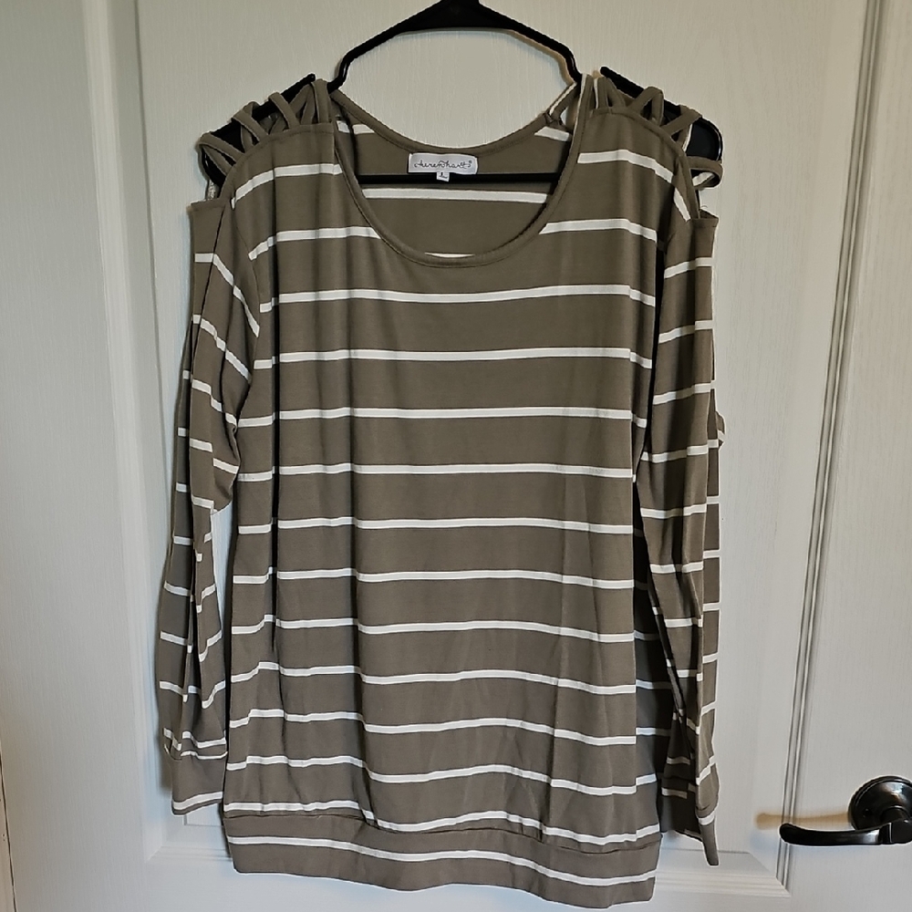 LuLaRoe Khaki Striped Cold Shoulder Blouse